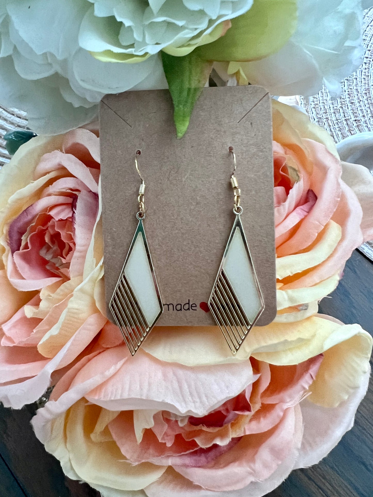White and Gold Triangle Earrings - Large